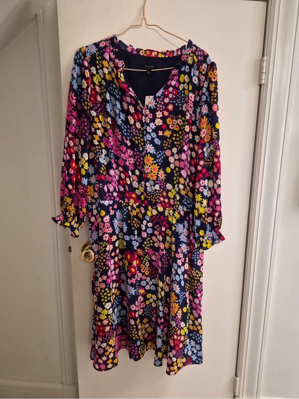 Talbots Navy Floral Midi Dress with Pink, Yellow & Light Blue Flowers - Picture 3 of 4